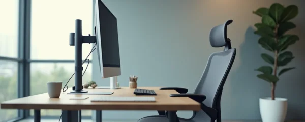 Espace de travail ergonomique avec chaise moderne, bureau ajusté et écran positionné correctement, atmosphère lumineuse et sereine