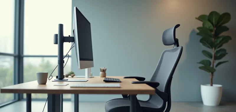 Espace de travail ergonomique avec chaise moderne, bureau ajusté et écran positionné correctement, atmosphère lumineuse et sereine