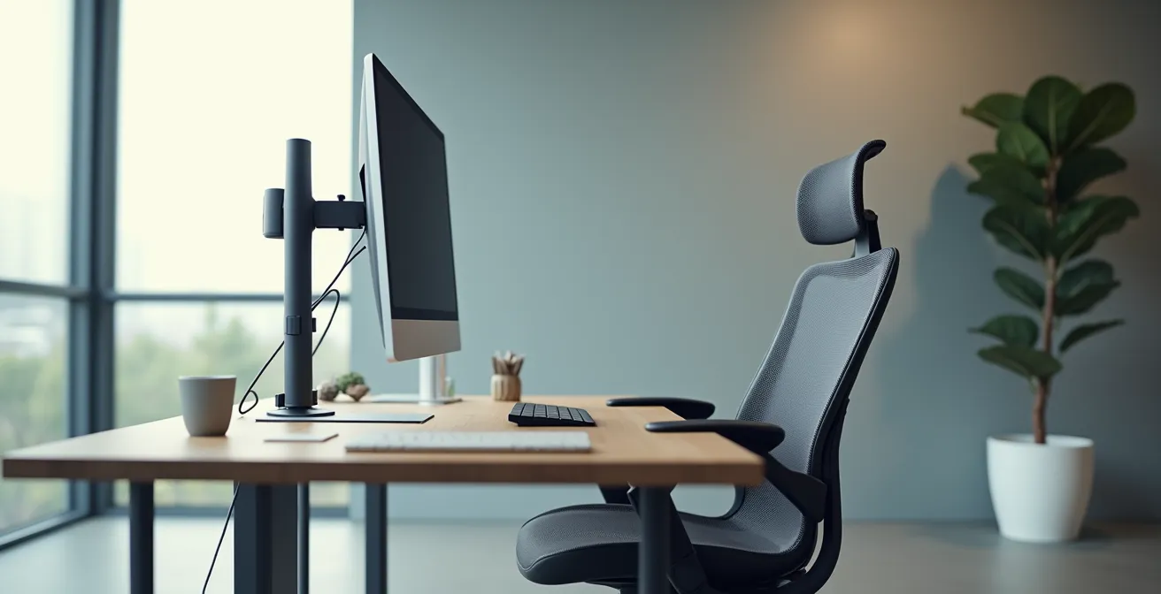Espace de travail ergonomique avec chaise moderne, bureau ajusté et écran positionné correctement, atmosphère lumineuse et sereine