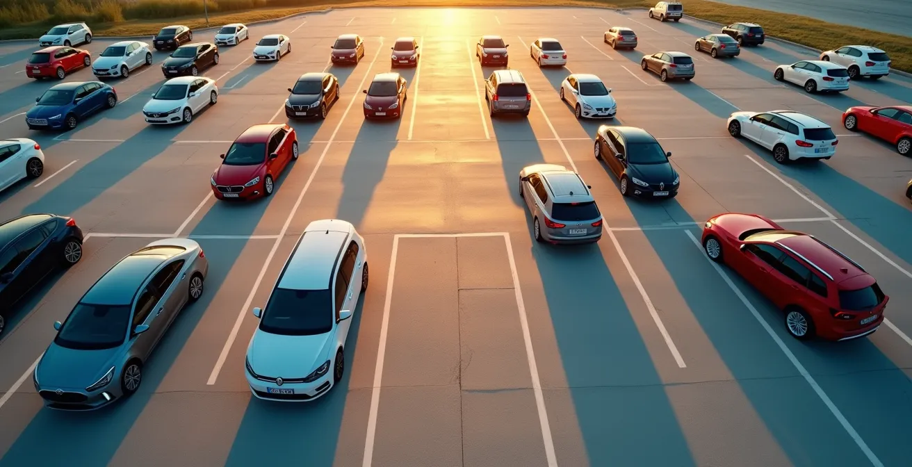 Vue aérienne d'un parking avec voitures alignées sous lumière dorée