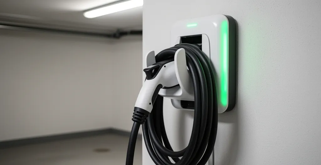 Gros plan sur une borne de recharge murale avec voyant LED vert allumé
