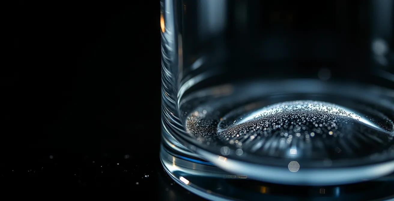 Vue macro de la surface interne d'un verre révélant les micro-irrégularités