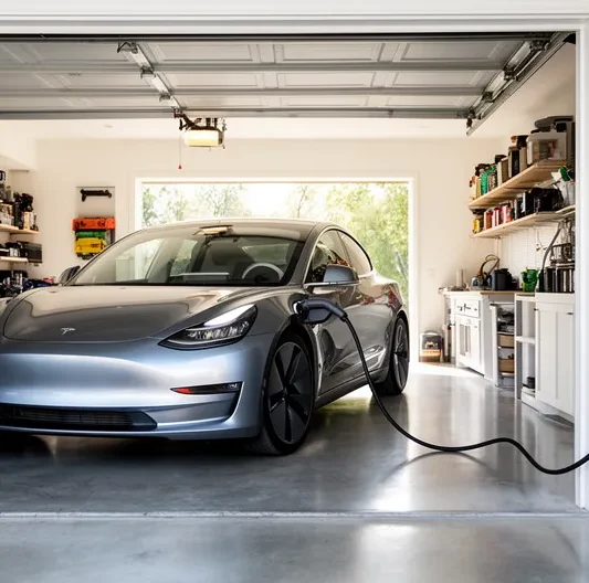 Véhicule électrique branché à une borne murale dans un garage résidentiel