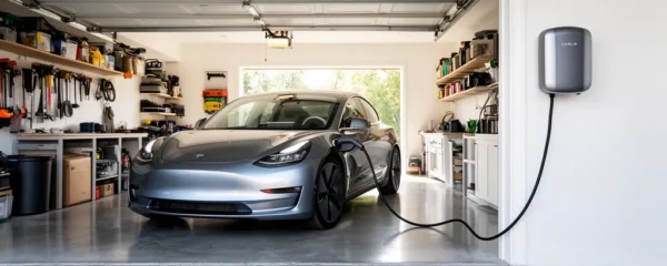 Véhicule électrique branché à une borne murale dans un garage résidentiel