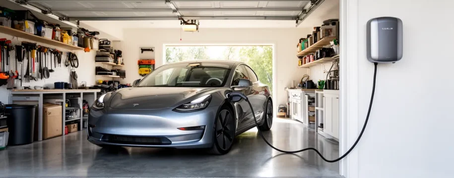 Véhicule électrique branché à une borne murale dans un garage résidentiel