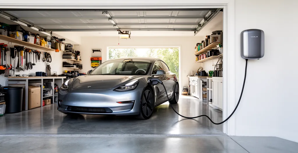 Véhicule électrique branché à une borne murale dans un garage résidentiel