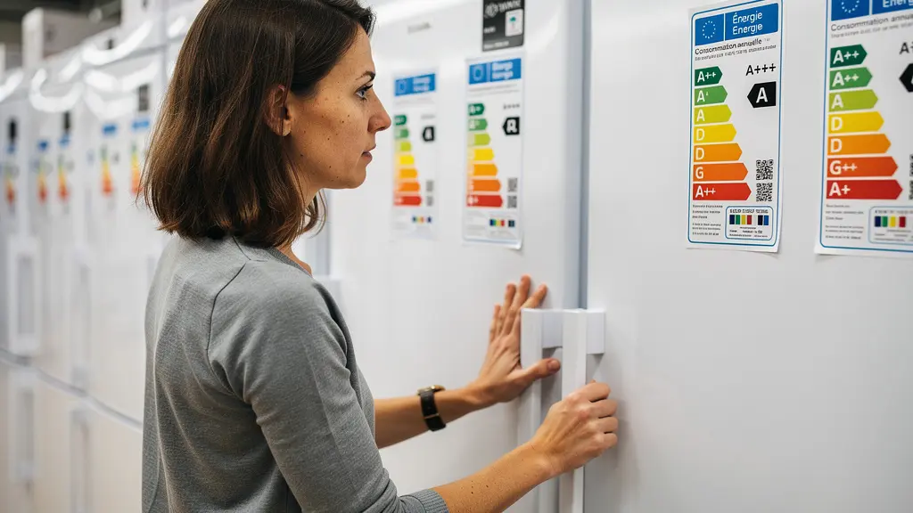 Personne comparant les étiquettes énergie de réfrigérateurs en magasin