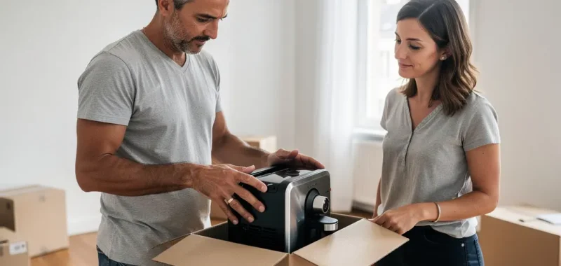 Couple français déballant un carton d'électroménager dans leur nouvel appartement