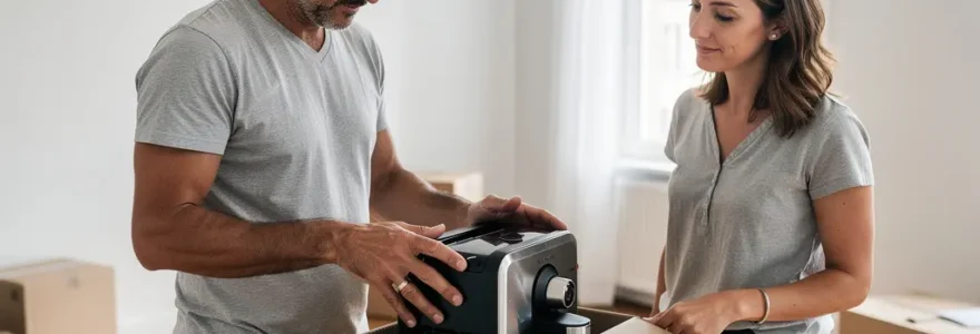 Couple français déballant un carton d'électroménager dans leur nouvel appartement