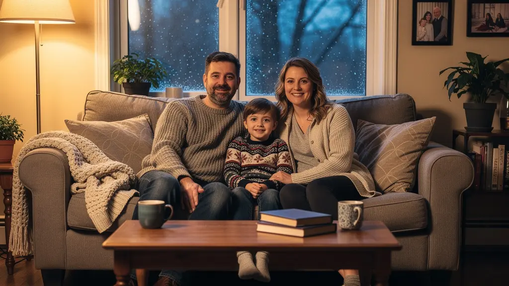 Famille québécoise détendue dans un salon confortable avec vue hivernale par la fenêtre