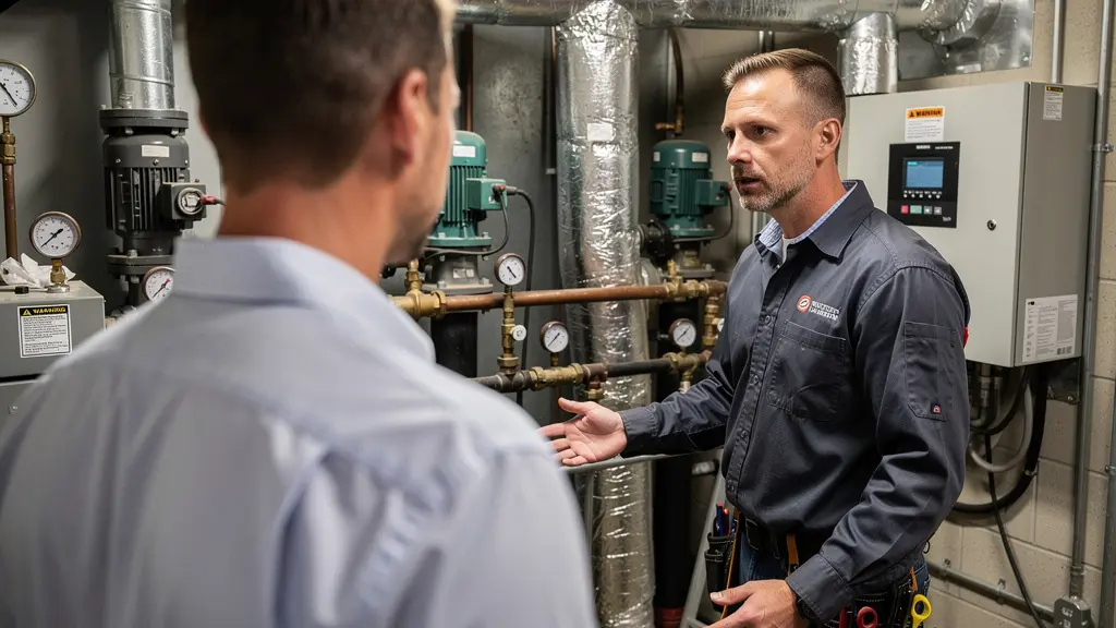 Gestionnaire d'immeuble et technicien HVAC discutant dans une salle mécanique commerciale