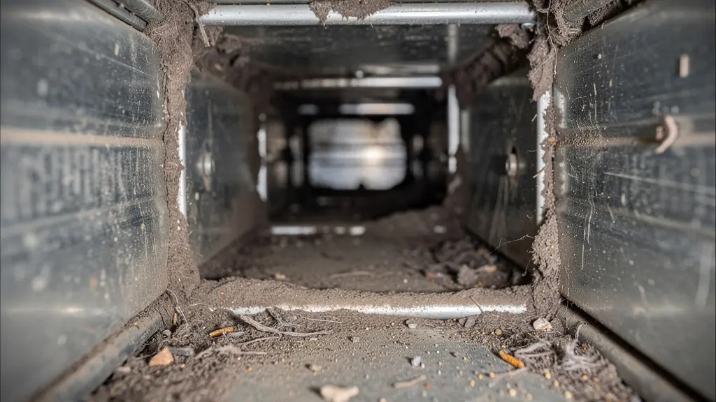 Vue intérieure d'un conduit de ventilation montrant l'accumulation de poussière et débris
