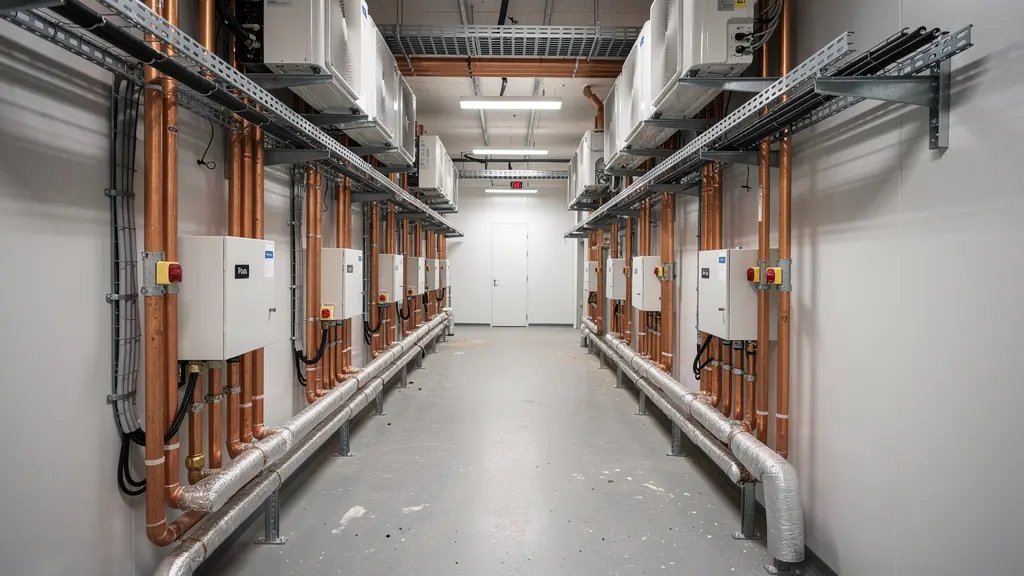 Système VRF multi-zones installé dans un corridor technique de bâtiment commercial