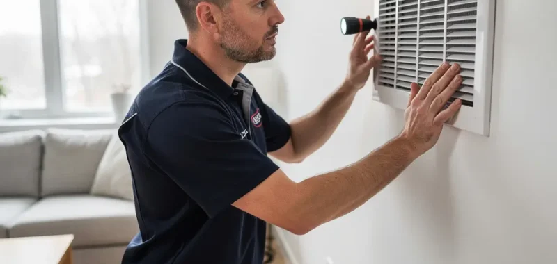 Technicien HVAC inspectant une grille de ventilation murale dans un salon québécois lumineux