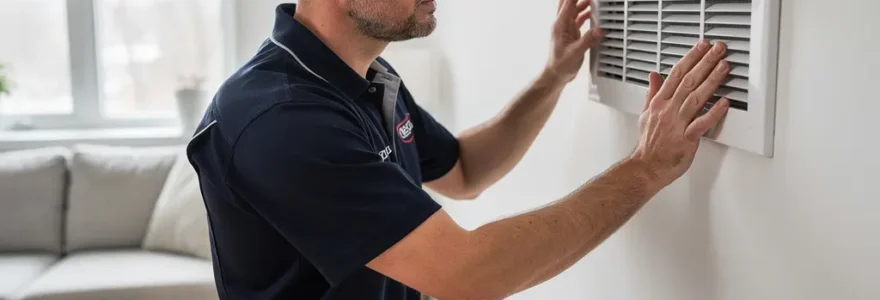 Technicien HVAC inspectant une grille de ventilation murale dans un salon québécois lumineux