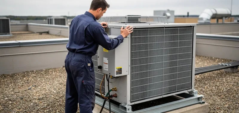 Technicien HVAC inspectant une unité rooftop sur un bâtiment commercial au Québec