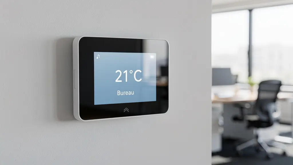 Thermostat commercial intelligent installé dans un espace de bureaux moderne
