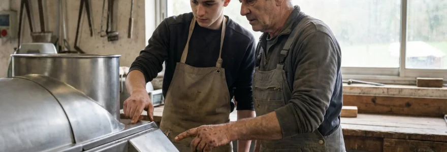 Jeune apprenti apprenant une technique auprès d'un professionnel en atelier agricole
