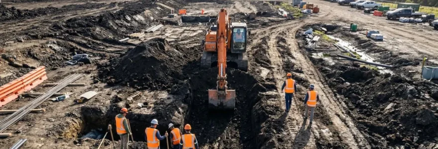 Vue en plongée d'un chantier de terrassement avec pelleteuse creusant le sol et ouvriers en arrière-plan, ambiance industrielle