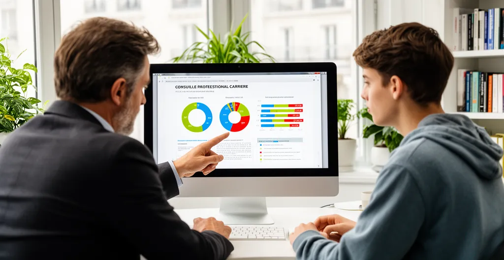 Conseillère d'orientation expliquant des options à un jeune sur écran