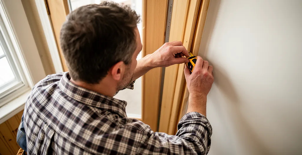 Installateur professionnel inspectant jonction cadre porte avec outil de mesure dans entrée maison québécoise