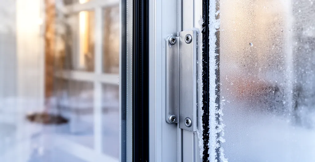 Porte d'entrée acier avec joint d'étanchéité visible par jour froid hivernal vue intérieure maison québécoise