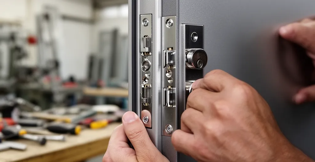 Gros plan serrure multipoint trois points d'ancrage sur tranche de porte acier sécuritaire