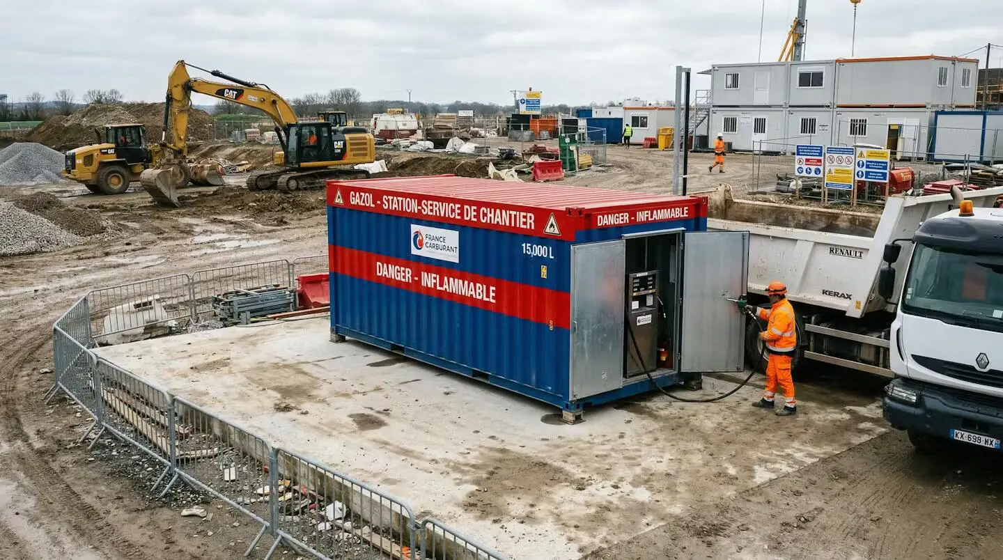 Station-service conteneurisée installée sur site BTP avec cuve hors-sol