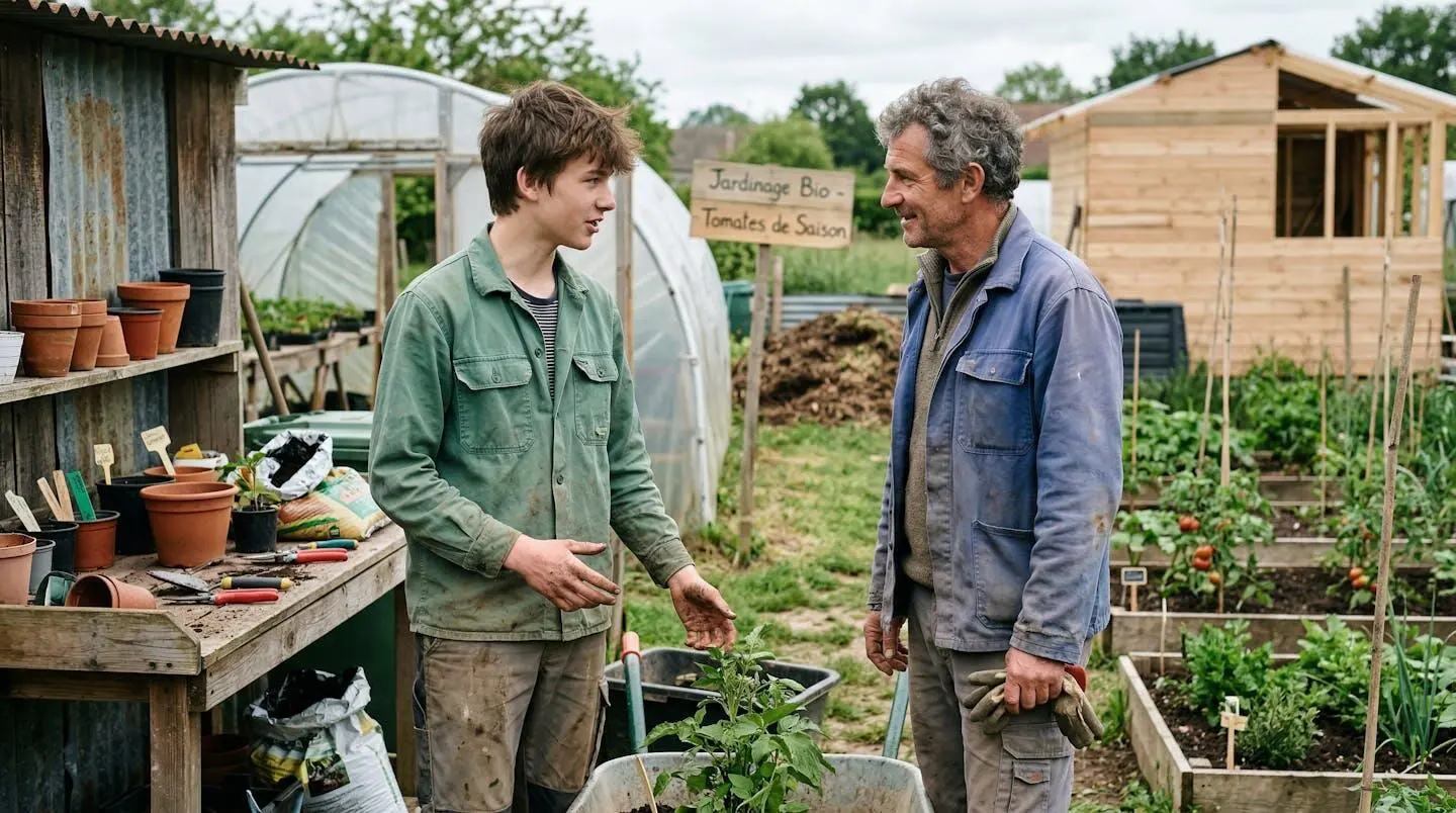 Un adolescent en tenue de travail échange avec un adulte dans un environnement professionnel rural, pris de trois-quarts sans poser