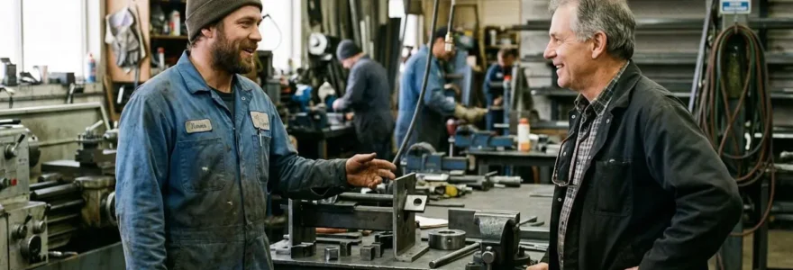 Un homme d'une trentaine d'années en bleu de travail discute avec un formateur dans un atelier, ambiance décontractée et naturelle
