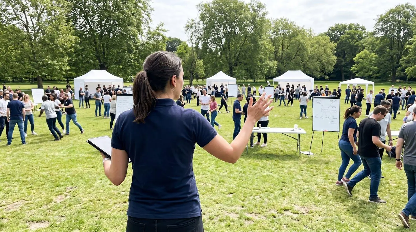 Vue arrière d'un facilitateur guidant une activité collective en extérieur avec participants engagés en arrière-plan, setup événementiel moderne aux lignes épurées