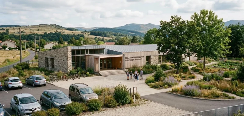 Vue extérieure d'un bâtiment de formation rural du Maine-et-Loire entouré de verdure sous une lumière naturelle du matin
