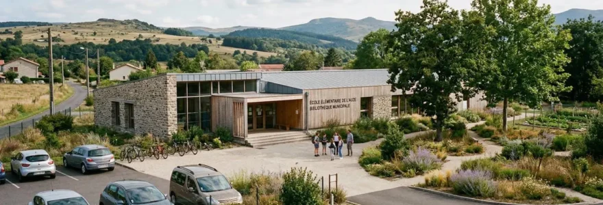 Vue extérieure d'un bâtiment de formation rural du Maine-et-Loire entouré de verdure sous une lumière naturelle du matin