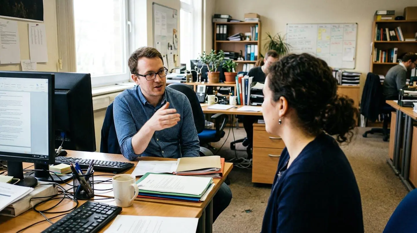 Entretien informel entre un adulte et un conseiller dans un bureau simple, atmosphère bienveillante avec lumière naturelle