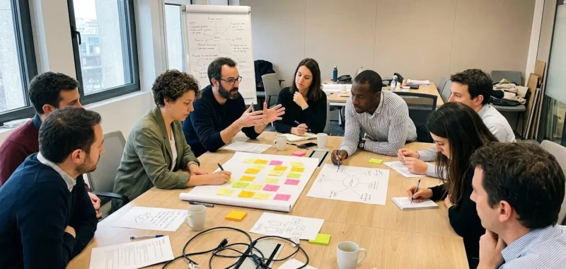 Huit professionnels réunis autour d'une table lumineuse dans un atelier collaboratif moderne, échangeant gestes et regards pendant une session de travail d'équipe