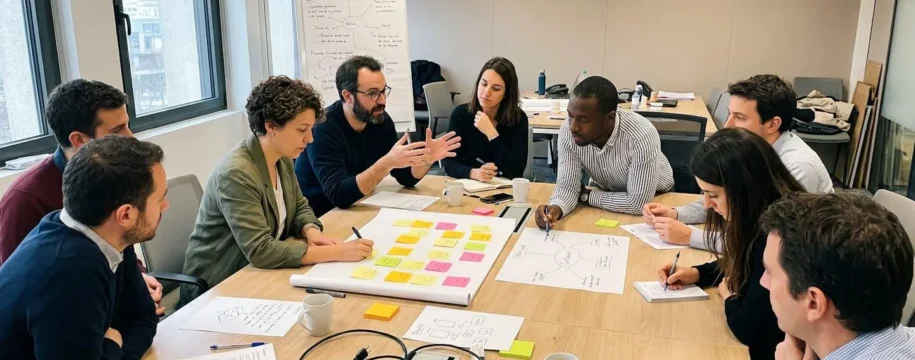 Huit professionnels réunis autour d'une table lumineuse dans un atelier collaboratif moderne, échangeant gestes et regards pendant une session de travail d'équipe