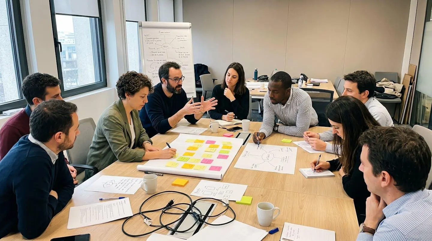 Huit professionnels réunis autour d'une table lumineuse dans un atelier collaboratif moderne, échangeant gestes et regards pendant une session de travail d'équipe