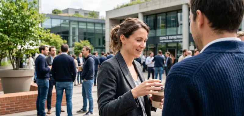 Deux collaborateurs échangent naturellement en extérieur pendant une pause team building, dans un cadre lumineux et décontracté