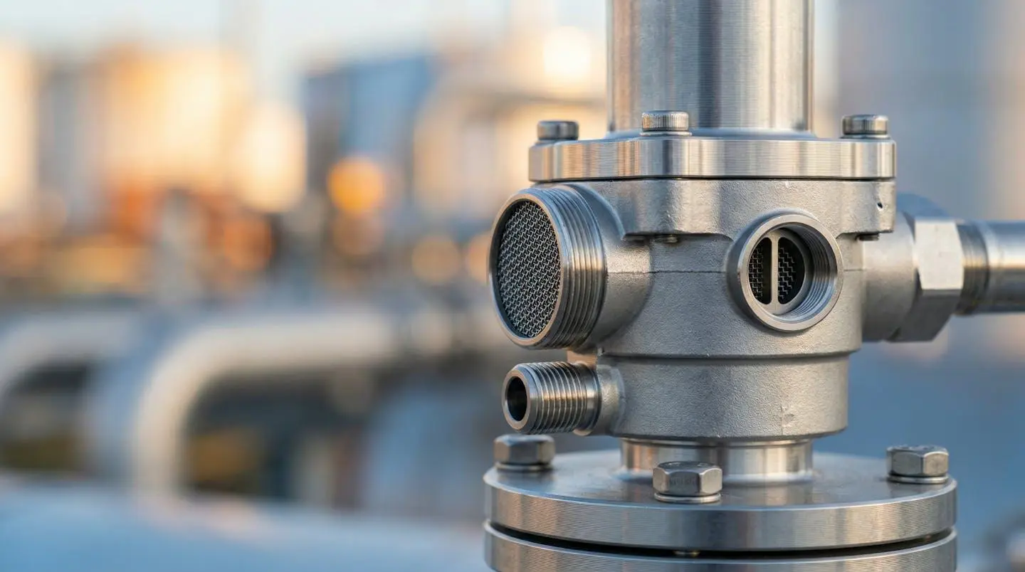 Gros plan détaillé d'une soupape de ventilation pour cuve carburant avec texture métallique industrielle nette