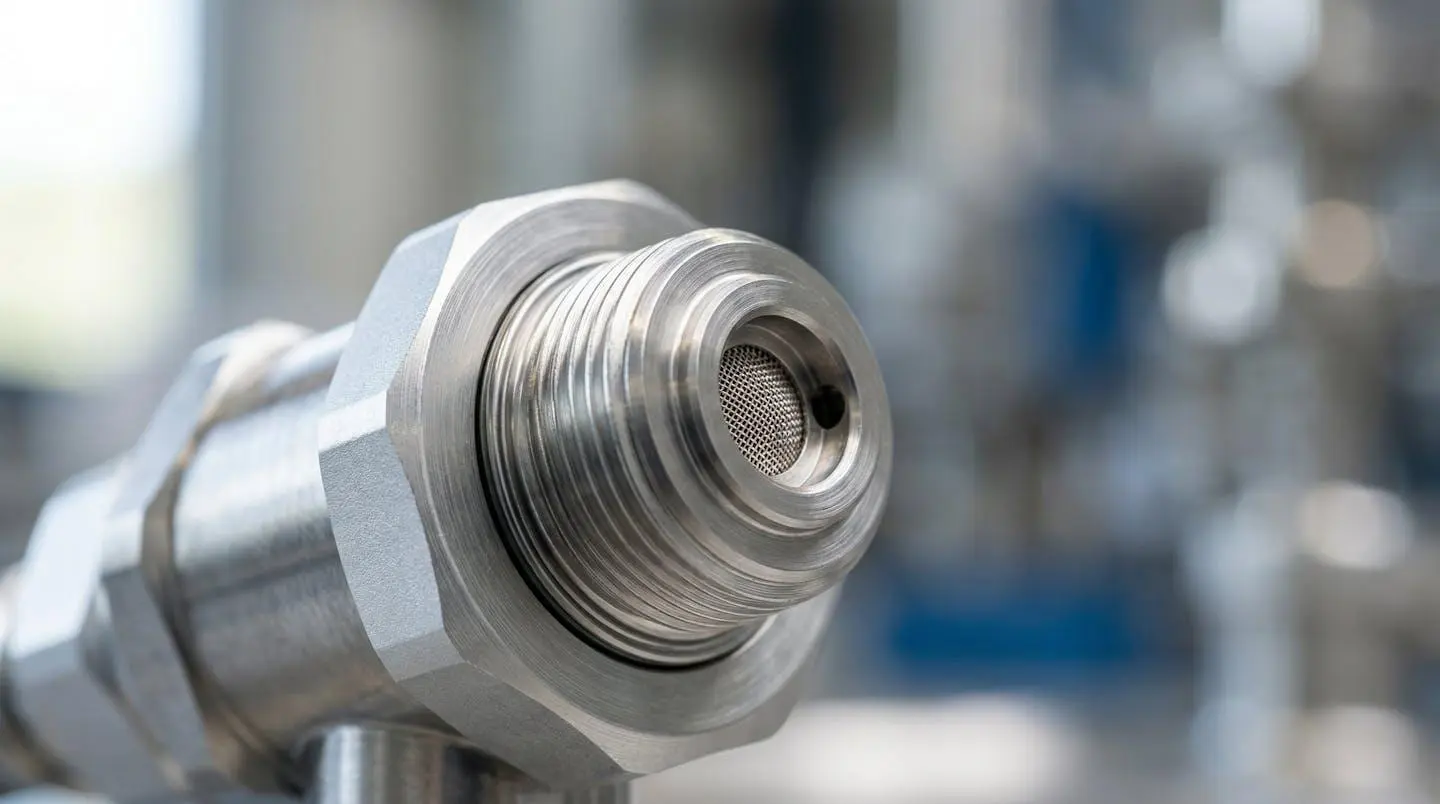 Gros plan détaillé d'une soupape de ventilation pour cuve carburant avec texture métallique industrielle nette