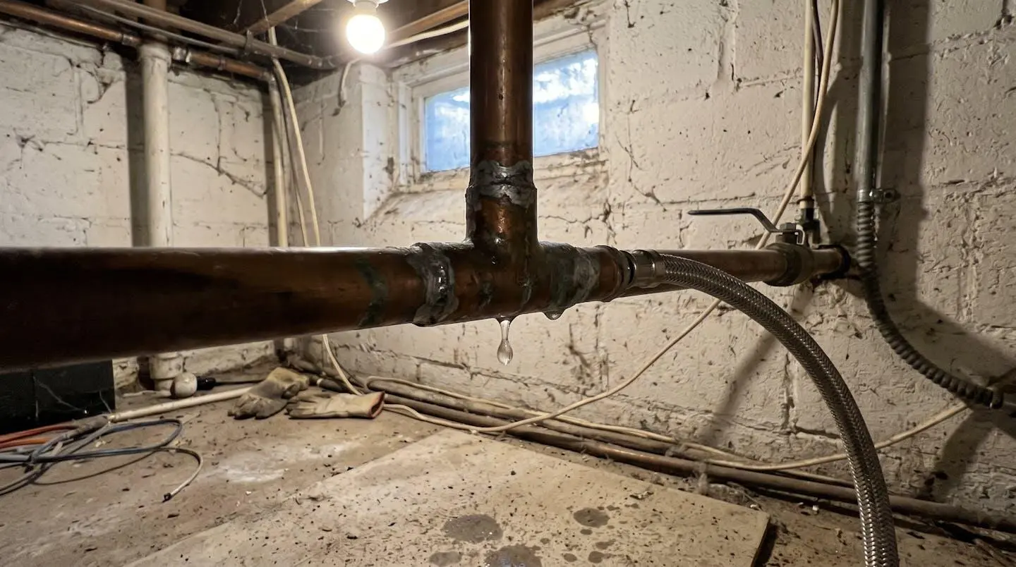 Gros plan macro sur une goutte d'eau transparente se formant lentement à l'extrémité d'un raccord de tuyau en cuivre avec un arrière-plan flouté