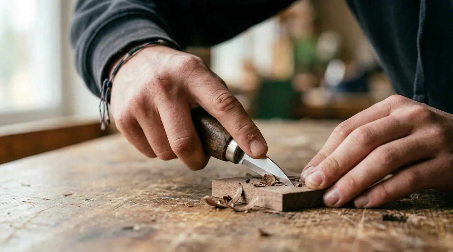 Gros plan sur les mains d'un adolescent manipulant un outil ou travaillant un matériau dans un cadre professionnel