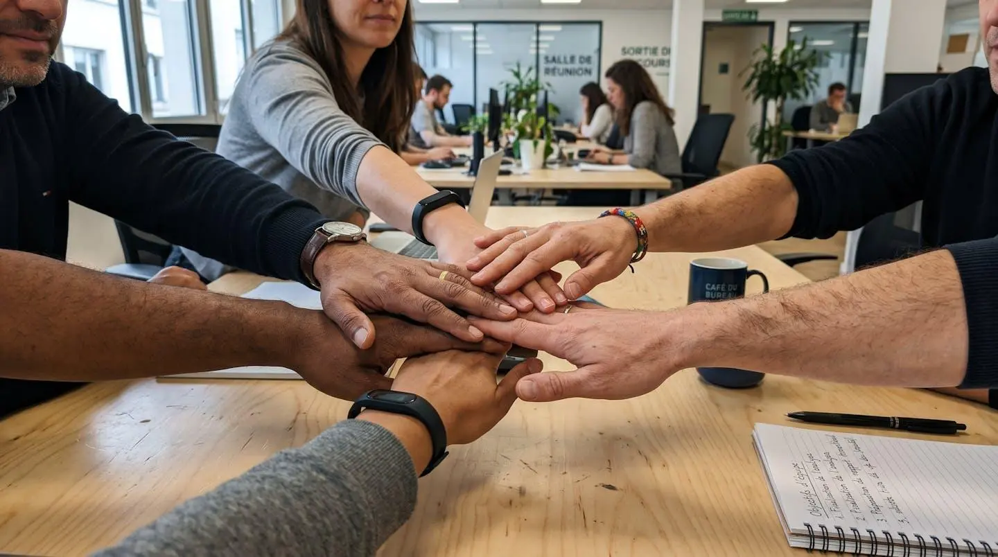 Gros plan sur des mains diversifiées de collaborateurs se rejoignant au centre en geste d'union collective, texture de peau réaliste, lumière naturelle latérale