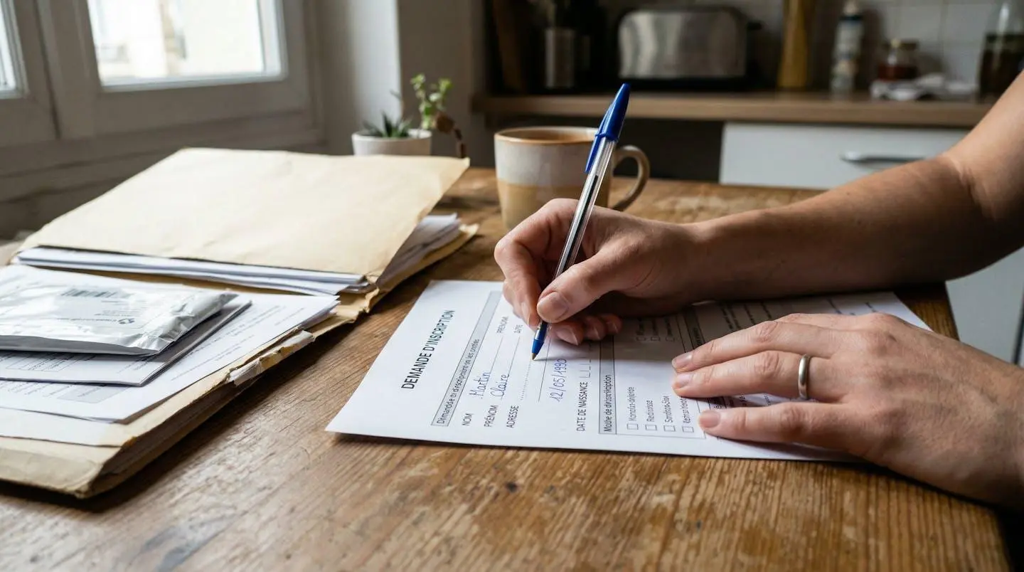 Gros plan sur des mains remplissant un formulaire administratif sur une table de cuisine, avec un dossier ouvert à côté
