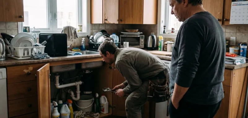 Un plombier en uniforme de travail inspecte une tuyauterie sous un évier de cuisine moderne pendant qu'une propriétaire observe la situation avec attention