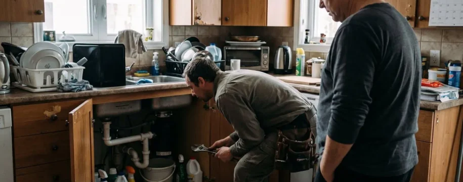 Un plombier en uniforme de travail inspecte une tuyauterie sous un évier de cuisine moderne pendant qu'une propriétaire observe la situation avec attention