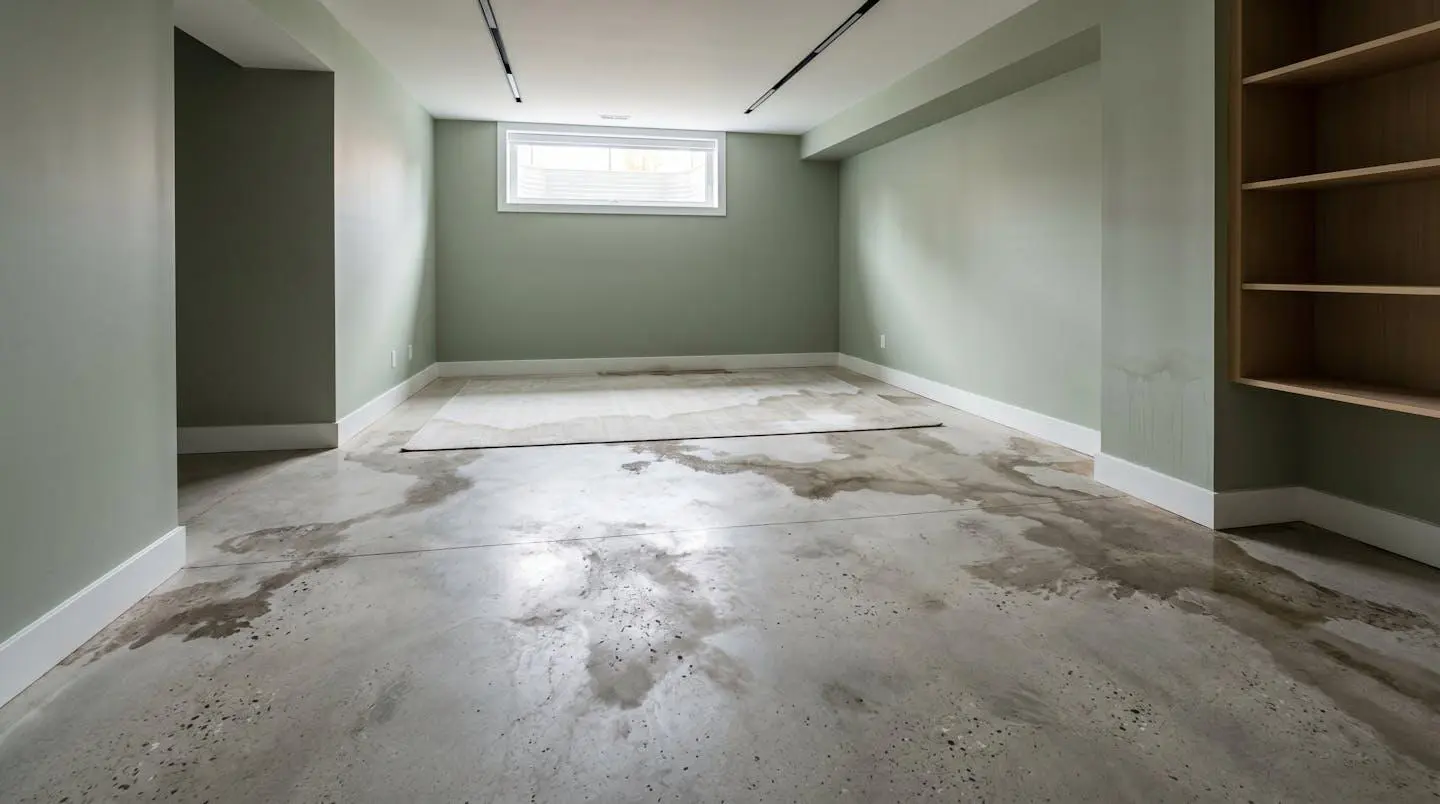 Vue grand angle d'un sous-sol résidentiel canadien moderne avec un plancher montrant des traces d'humidité récente et un éclairage naturel provenant d'une petite fenêtre au niveau du sol