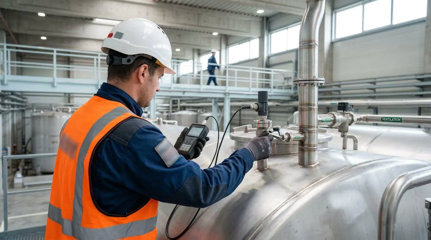 Technicien vu de dos effectuant une vérification de maintenance sur système de ventilation installé en hauteur sur cuve conteneurisée