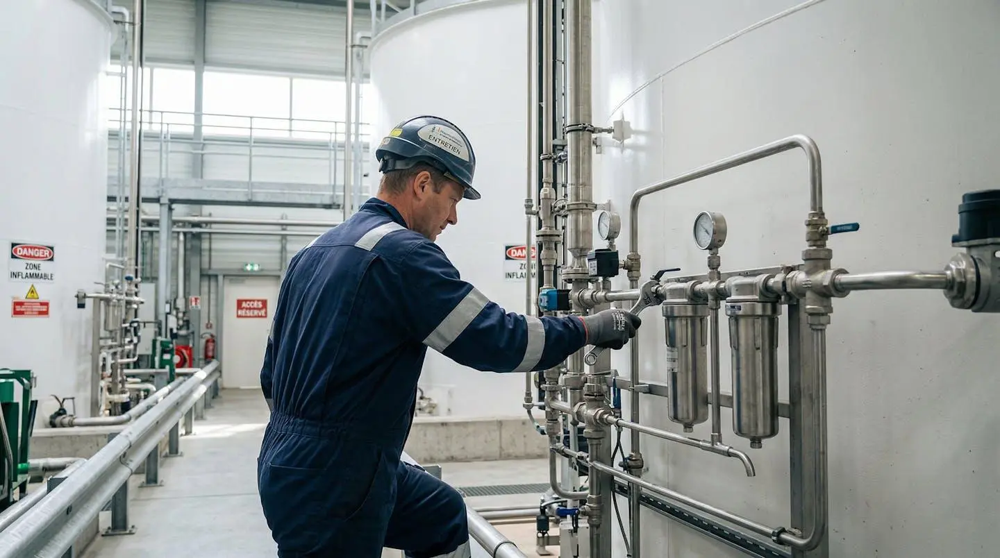 Technicien vu de dos effectuant une vérification de maintenance sur système de ventilation installé en hauteur sur cuve conteneurisée