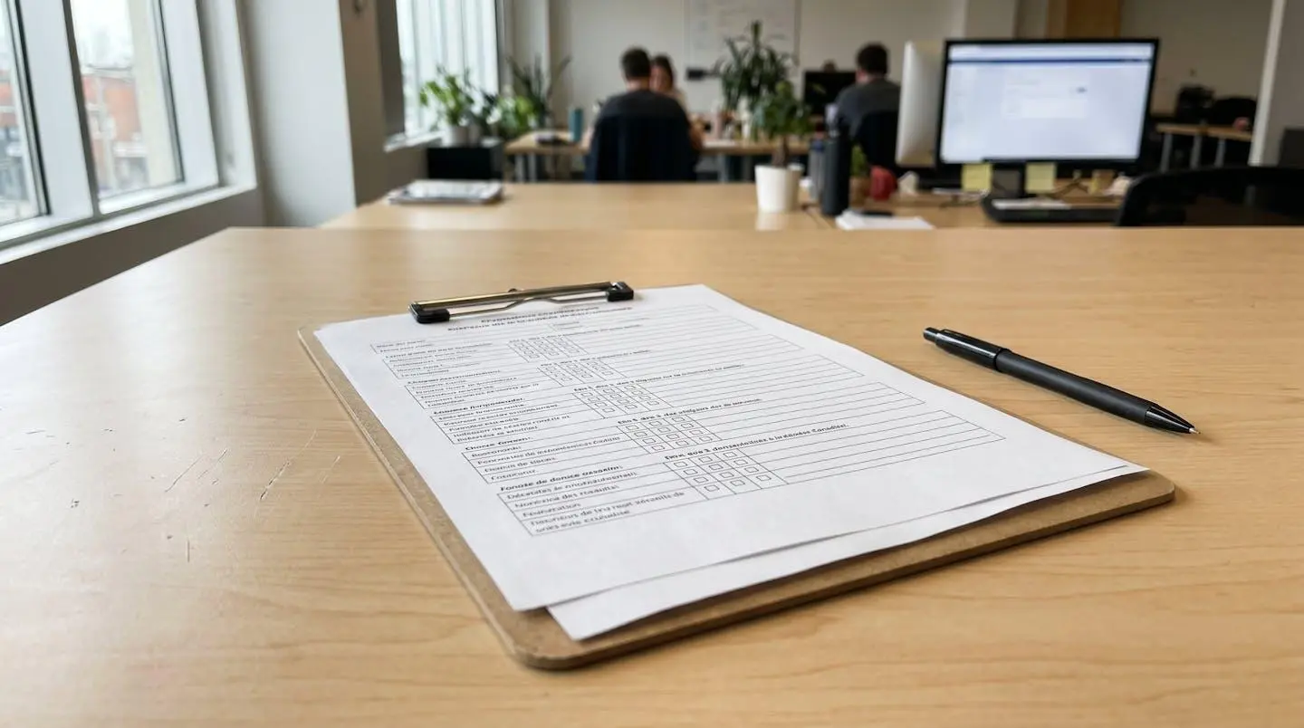 Presse-papiers avec formulaire d'inspection comportant des cases à cocher sur une surface de bureau moderne